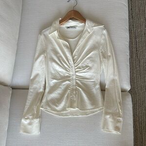 Zara Ruched White Long Sleeve Fitted Top